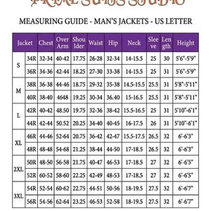 May include: A measuring guide for men's jackets from Prime Suits Studio. The chart includes jacket sizes, chest, over arm, shoulder, waist, hip, neck, sleeve length, and height measurements in inches.