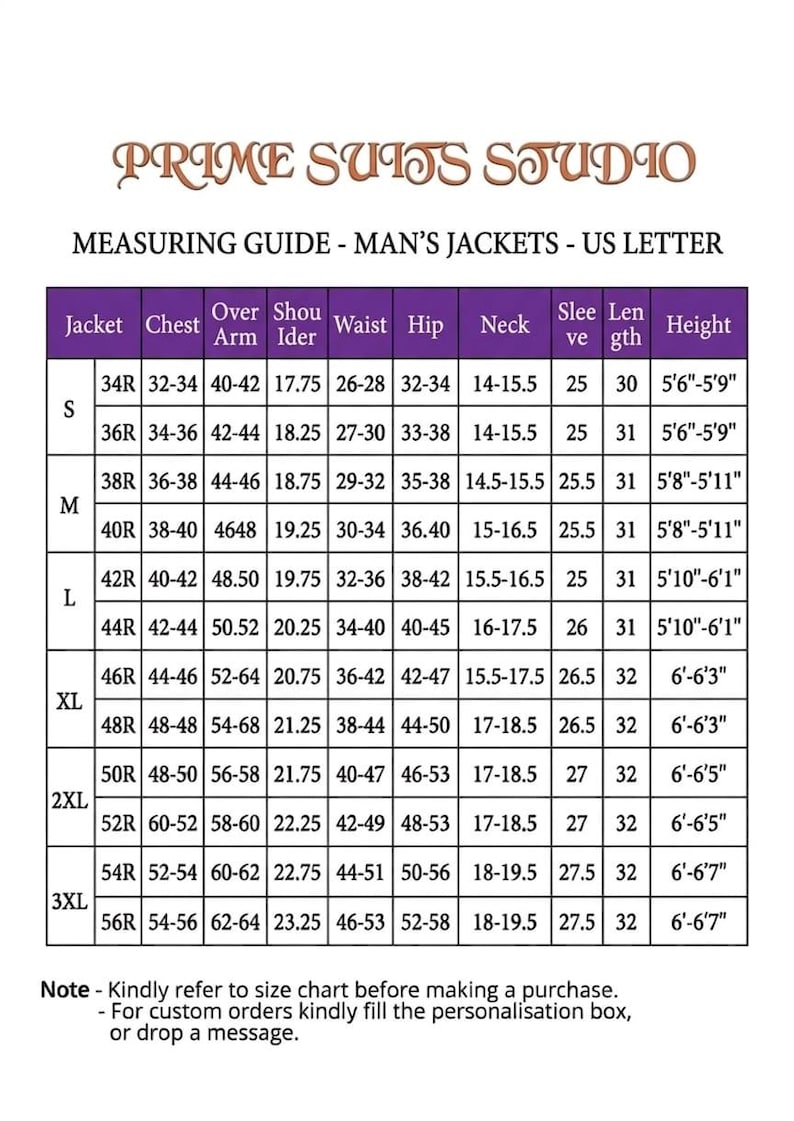 May include: A measuring guide for men's jackets from Prime Suits Studio. The chart includes jacket sizes, chest, over arm, shoulder, waist, hip, neck, sleeve length, and height measurements in inches.