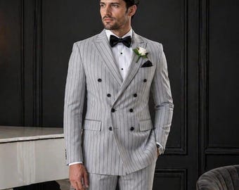 Traje cruzado de raya diplomática gris claro, esmoquin de boda de corte ajustado, conjunto de chaqueta y pantalón de noche.