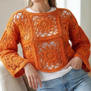 Modello all'uncinetto per maglione con fiordaliso: pullover quadrato stile boho con fiori, stile nonna. Maglione floreale moderno in PDF.