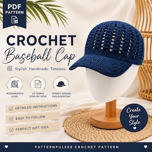Modello per berretto da baseball all'uncinetto: tutorial per cappello all'uncinetto, modello per berretto con visiera, accessorio estivo all'uncinetto