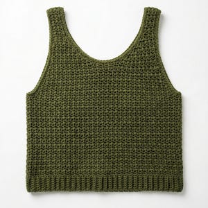 May include: Olive green crochet tank top with a scoop neckline. The top features a textured stitch pattern and a ribbed hem. This handmade garment is a stylish addition to any wardrobe.