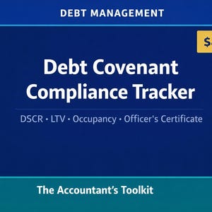 May include: A dark blue graphic with the text "Debt Covenant Compliance Tracker" in white. The text "DEBT MANAGEMENT" is at the top, and "The Accountant's Toolkit" is at the bottom. The price is displayed in a yellow box.