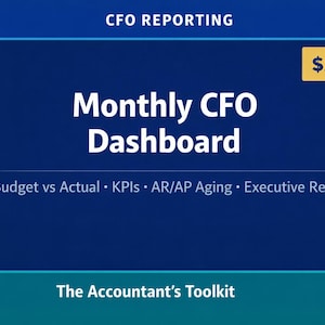 Peut inclure: Graphique bleu foncé avec le texte "CFO REPORTING" en haut. Les mots "Monthly CFO Dashboard" sont en grandes lettres blanches. En dessous, un texte plus petit indique "Budget vs Actual • KPIs • AR/AP Aging • Executive Report". Une boîte jaune affiche "55 $."