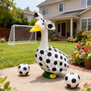 Puede incluir: Una estatua decorativa de un ganso con un atuendo y un lazo con temática de balón de fútbol. Dos balones de fútbol están en el suelo. El ganso tiene un pico amarillo y patas verdes. Una portería de fútbol es visible en el fondo, en un jardín.
