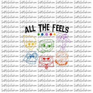 May include: A white background with the text "ALL THE FEELS" in black. The image shows colourful cartoon character outlines, including yellow, green, blue, red, and purple figures. The background has a repeating pattern of the text "SameSaFashion".
