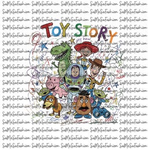 Puede incluir: Un gráfico colorido con el texto "TOY STORY" y varios personajes de la película animada. La imagen incluye a Woody, Buzz Lightyear, Rex, Jessie, Sr. Cara de Papa y otros, sobre un fondo de garabatos y el texto "SaMeSaFashion".