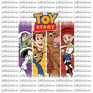 May include: A graphic print featuring the Toy Story logo above four vertical panels displaying Buzz Lightyear, Woody, Bullseye, and Jessie. The background is covered in a repeating watermark of the text SaMeSaFashion in black.