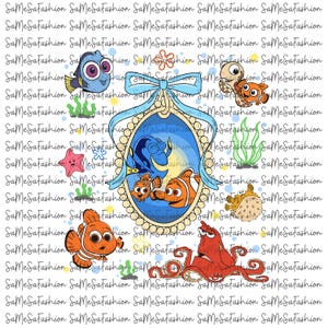 May include: A colorful graphic featuring characters from the animated film "Finding Nemo" and "Finding Dory." The design includes Dory, Nemo, Marlin, and other sea creatures, set against a white background with the text "SaMeSaFashion."