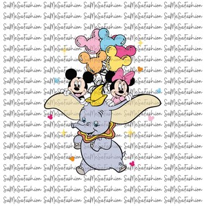 May include: A whimsical illustration features Dumbo the elephant, Mickey Mouse, and Minnie Mouse. Dumbo is wearing a yellow hat and holding a banner with the characters. Mickey and Minnie are holding colorful Mickey Mouse-shaped balloons. The background is a repeating pattern.