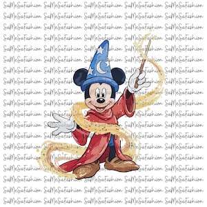 May include: A cartoon illustration of Mickey Mouse dressed as a sorcerer, wearing a blue hat with stars and a crescent moon. He is holding a wand and wearing a red robe, with a swirling golden magic effect.