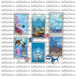 May include: Six postage stamp designs featuring characters from "Finding Nemo." Each stamp has a blue background and a decorative border. The images depict underwater scenes with characters like Nemo and Dory.