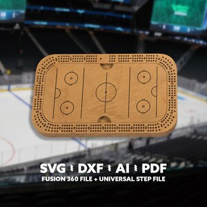 May include: Wooden cribbage board with an ice hockey rink design. The board is light brown with black lines and circles representing the rink. The edges are lined with holes for pegging. The bottom of the image has text that reads "SVG, DXF, AI, PDF".