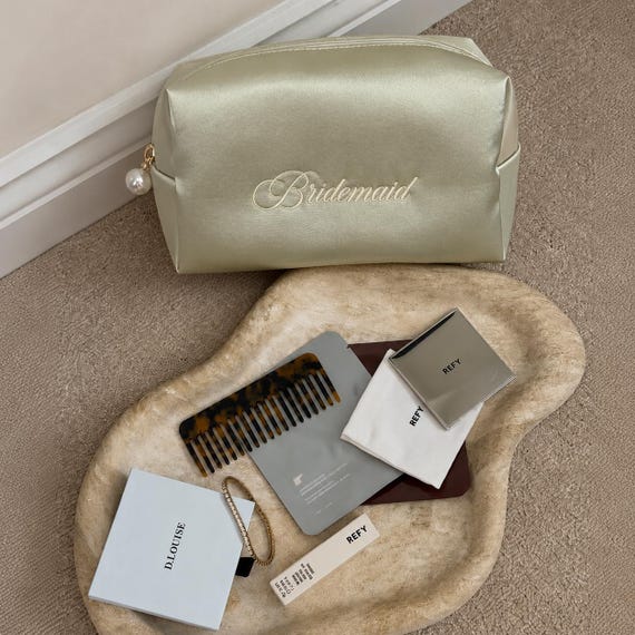 Personalized Satin Makeup Pouch, Embroidered Bridesmaid Gift, Bridal Party Cosmetic Bag, Wedding Morning Gift