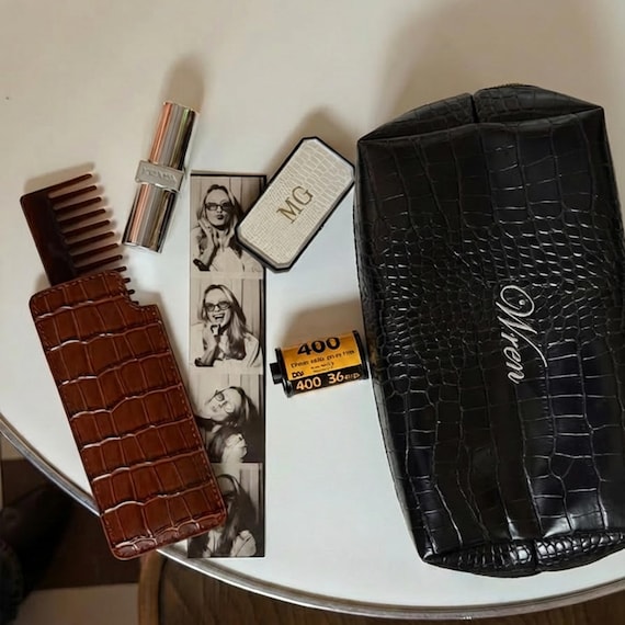 Luxury Personalized Leather Makeup Bag, Custom Embroidered Cosmetic Case, Bridesmaid Gift, Travel Pouch