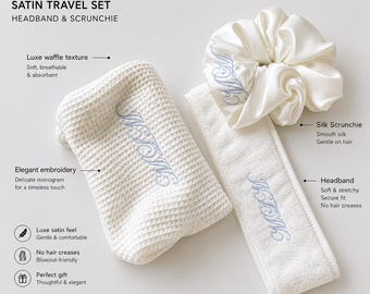 Luxus Braut Spa-Set Personalisierte Make-up Tasche Seide Scrunchie Samt Stirnband Bestickte Brautjungfer Geschenk