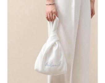 Personalized Silk Knot Bag, Ivory Satin Clutch, Japanese Style Wrist Bag, Bridesmaid Gift