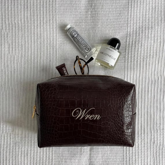Personalized Leather Makeup Bag, Custom Embroidered Cosmetic Case,…