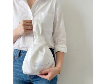 Gepersonaliseerde zijden knooptas, ivoorsatijnen clutch, polstas in Japanse stijl, cadeau bruidsmeisje