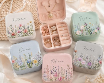 Personalisierte Reise Schmuckschatulle, Floral PU Leder Mini Organizer Case, individueller Name Brautjungfer Geschenk, Geburtstagsgeschenk für sie