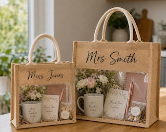 Personalised Teacher Gift Bag, Clear Window Jute Tote Bag, Thank You Teacher Gift, End of Term Gift, Teacher Appreciation Present