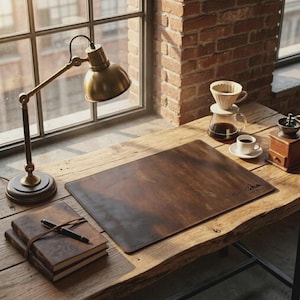 May include: A dark brown leather desk mat with a mountain logo, a brass desk lamp, a stack of two leather-bound journals with a black pen, a glass coffee dripper, a white ceramic coffee cup on a saucer, and a wooden coffee grinder on a desk.