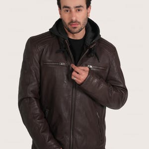 Chaqueta de cuero premium con capucha para hombre, abrigo de cuero marrón, negro y coñac, chaqueta urbana de invierno, chaqueta con cremallera estilo motero, regalo para él.