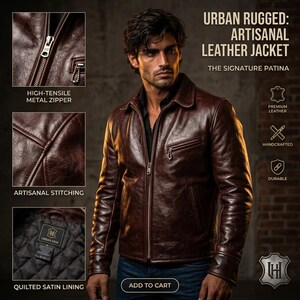 K&ouml;nnte beinhalten: Eine dunkelbraune Lederjacke mit Kragen, Metallrei&szlig;verschluss und gestepptem Satinfutter. Die Jacke verf&uuml;gt &uuml;ber handwerkliche N&auml;hte, eine Brusttasche und den Text URBAN RUGGED: ARTISANAL LEATHER JACKET THE SIGNATURE PATINA.