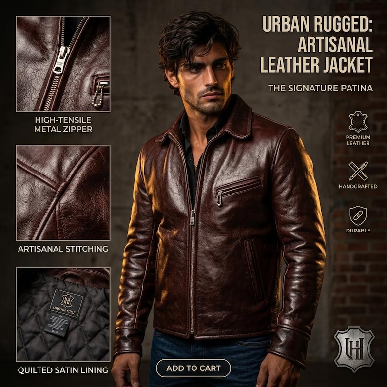 K&ouml;nnte beinhalten: Eine dunkelbraune Lederjacke mit Kragen, Metallrei&szlig;verschluss und gestepptem Satinfutter. Die Jacke verf&uuml;gt &uuml;ber handwerkliche N&auml;hte, eine Brusttasche und den Text URBAN RUGGED: ARTISANAL LEATHER JACKET THE SIGNATURE PATINA.