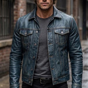 Könnte beinhalten: Eine blaue Lederjacke im Used-Look mit spitzem Kragen, Knopfleiste und zwei Brusttaschen mit geknöpften Klappen. Die Jacke wird über einem dunkelgrauen T-Shirt und einer schwarzen Hose mit schwarzem Gürtel getragen und hat lange Ärmel.