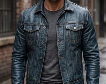 Peut inclure: Une veste en cuir bleu vieilli avec un col pointu, une fermeture à boutons sur le devant et deux poches poitrine à rabat boutonné. La veste est portée sur un t-shirt gris foncé et un pantalon noir avec une ceinture noire, avec des coutures visibles.