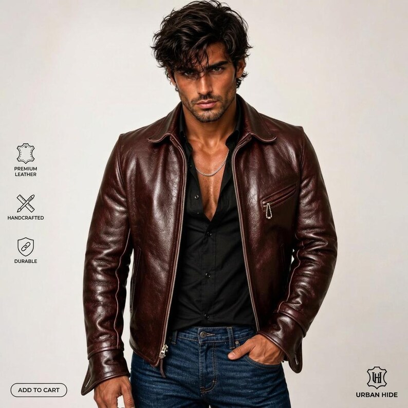 K&ouml;nnte beinhalten: Eine dunkelbraune Lederjacke mit klassischem Kragen, Frontrei&szlig;verschluss und einer Brusttasche mit Rei&szlig;verschluss. Die Jacke wird &uuml;ber einem schwarzen Hemd mit Knopfleiste und einer blauen Jeans getragen. Das Design hat lange &Auml;rmel und eine glatte Oberfl&auml;che.