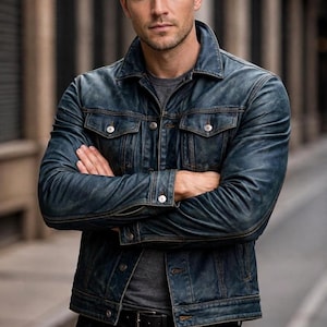 Könnte beinhalten: Eine verwaschene, dunkelblaue Jeansjacke mit spitzem Kragen, zwei Brusttaschen mit Knopfklappen und Metallknöpfen. Die Jacke wird über einem dunkelgrauen T-Shirt getragen und mit einer schwarzen Jeans sowie einem schwarzen Ledergürtel mit Silberschnalle kombiniert.