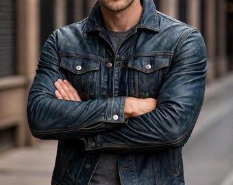 Puede incluir: Una chaqueta vaquera azul desgastada con cuello en punta, dos bolsillos en el pecho con solapas abotonadas y botones metálicos. La chaqueta se lleva sobre una camiseta gris oscuro, combinada con vaqueros negros y un cinturón de cuero negro con hebilla plateada.