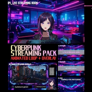 Paquete de fondos animados cyberpunk para streaming: 5 habitaciones futuristas de neón