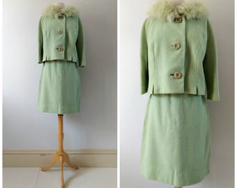 Vintage 1950s 1960s wool suit with fur collar, mint green skirt and jacket, 2 piece skirt set, small / medium