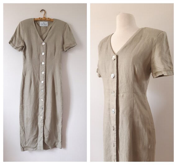 Vintage 1980s 80s pale green linen shirt dress sma