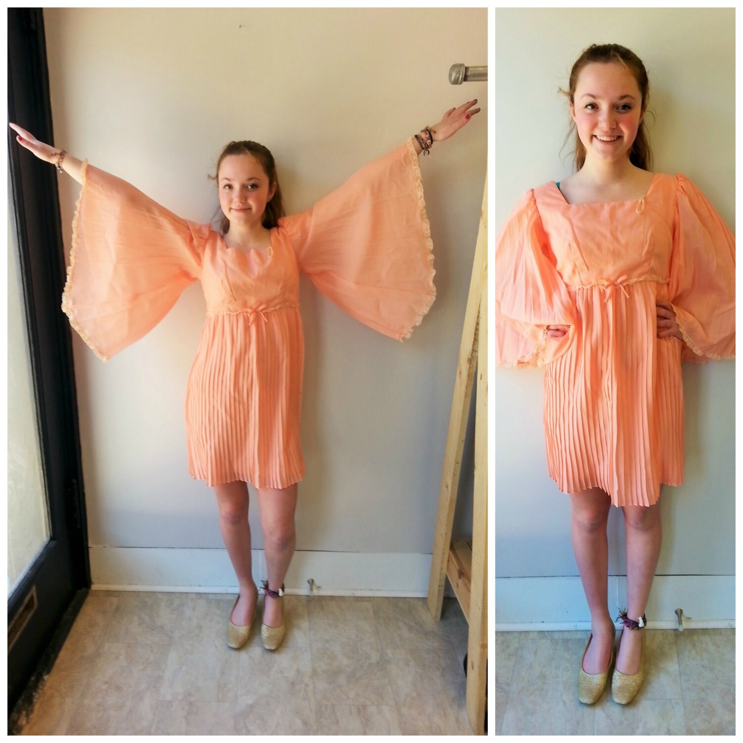 1960s baby doll dress . 60s peach pleated dress . wide sleeve Etsy