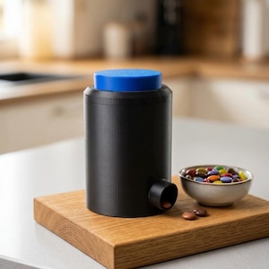 Könnte beinhalten: Schwarzer zylindrischer Süßigkeiten-Spender mit blauem Deckel und Ausguss. Eine kleine Schüssel mit bunten Süßigkeiten steht neben dem Spender auf einem Holzschneidebrett. Der Spender steht auf einer weißen Oberfläche.