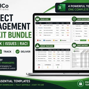 May include: A laptop screen showcases a project management toolkit bundle, including RAID, Risk, Issues, and RACI templates. The display features a RAID log, risk register, issue tracker, and RACI matrix. The image includes the text "4 Powerful Templates" and "Professional PMO Templates for Excel."
