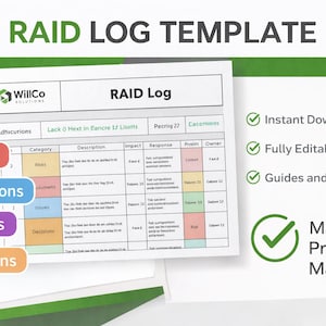 May include: A white spiral-bound document titled "RAID Log" with a green and white header. The document includes sections for Risks, Assumptions, Issues, and Decisions. Text on the right side says "Instant Download", "Fully Editable Template", and "Guides and Tips Included".
