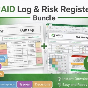 Peut inclure: Un ensemble de documents de gestion de projet, comprenant un journal RAID et un registre des risques, avec le texte "RAID Log & Risk Register Bundle". Les documents sont affichés sur un fond vert avec le logo WillCo.
