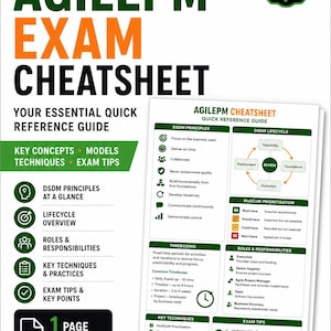 May include: An AgilePM v3 revision series exam cheatsheet featuring a quick reference guide with DSDM principles, lifecycle overview, roles, responsibilities, key techniques, and exam tips. The document includes MoSCoW prioritisation and timeboxing.