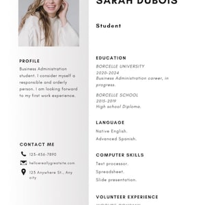 Peut inclure: Un modèle de CV avec le nom SARAH DUBOIS en haut. Le CV comprend une photo, un profil, l'éducation, les coordonnées, les compétences linguistiques, informatiques et l'expérience de bénévolat. Le fond est blanc.
