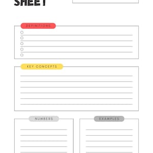 Peut inclure: Une feuille de révision blanche avec le titre "REVISION SHEET" en gras, en lettres noires. La feuille est divisée en sections pour les définitions, les concepts clés, les numéros et les exemples, chacune avec une étiquette colorée.