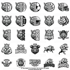 Puede incluir: Una colección de veinticinco logotipos gráficos en blanco y negro con cabezas de jabalí y el texto HOGS. Los diseños incorporan diversos equipos deportivos como balones, cascos y palos de hockey en una variedad de disposiciones.