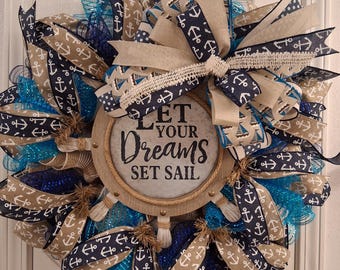 Nautical "Let Your Dreams Set Sail" Front Door Wreath"
