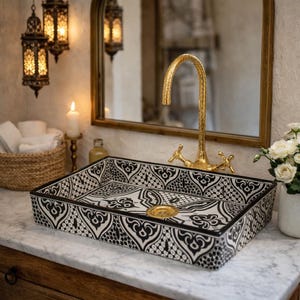 18” Moroccan Rectangular Vessel Sink – Hand Painted Black Ceramic Bathroom Basin, Artisan Vanity Sink, Handmade Moroccan Wash Basin