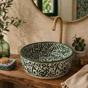 May include: A round ceramic vessel sink featuring a white base with intricate dark green floral and vine patterns. The sink has a smooth, glossy finish and is paired with a tall, textured gold-toned metal faucet that arches over the basin.