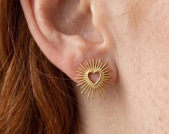Heart Flower Earrings - 18K Gold Plated, Statement Jewelry Gift